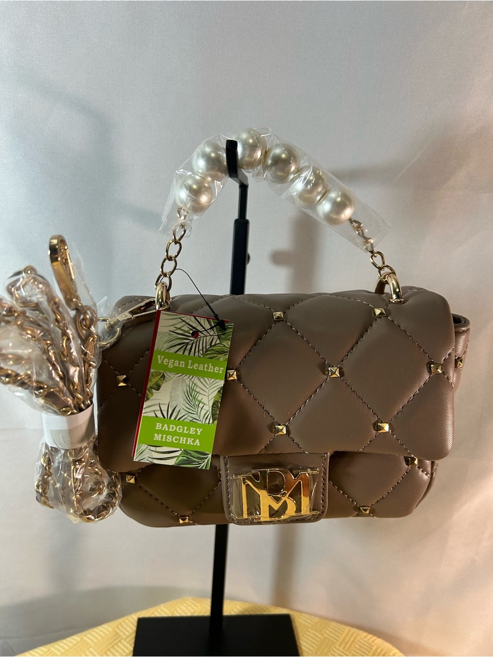 Badgley Mischka Taupe Quilted Mini Bag with Pearl Handle - Picture 4 of 4
